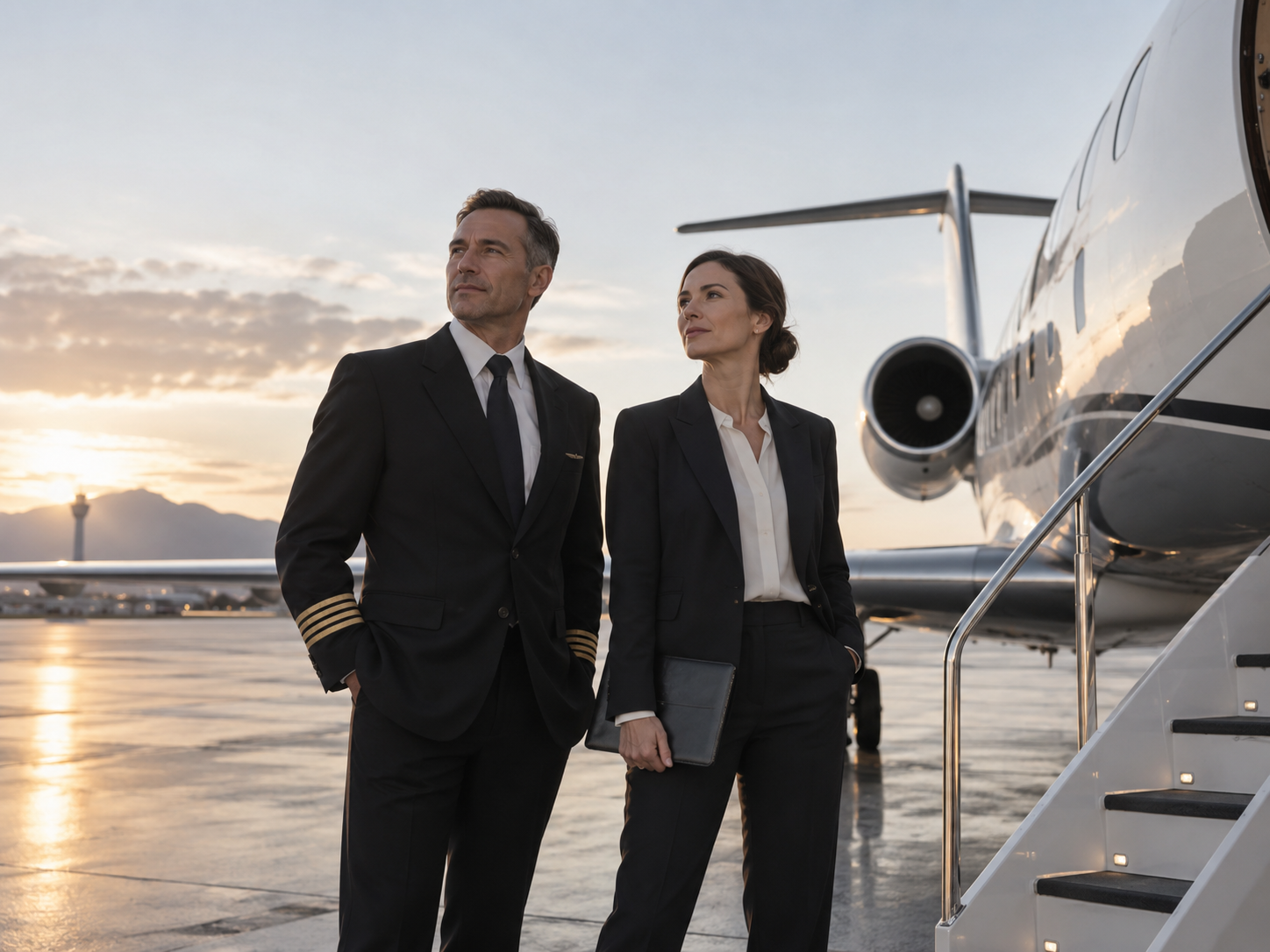 Two senior aviation professionals beside a large business jet on the apron